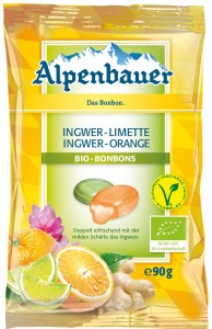 CUKIERKI Z NADZIENIEM O SMAKU IMBIROWO-LIMONKOWYM I IMBIROWO-POMARAŃCZOWYM VEGAN BIO 90 g - ALPENBAUER