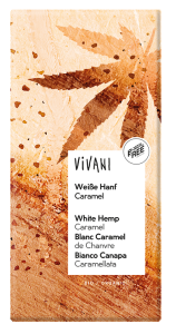 CZEKOLADA BIAŁA WANILIOWA Z KARMELIZOWANYMI NASIONAMI KONOPI BIO 80 g - VIVANI