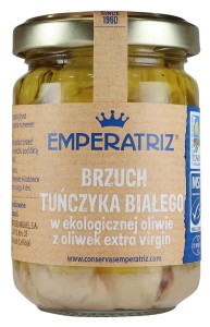 TUŃCZYK BIAŁY FILETY BRZUSZNE (VENTRESCA) W BIO OLIWIE Z OLIWEK EXTRA VIRGIN BIO 145 g (95 g) (SŁOIK) - EMPERATRIZ