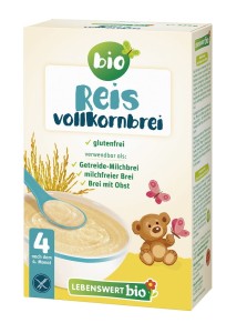 KASZKA RYŻOWA PEŁNOZIARNISTA BEZ DODATKU CUKRÓW BEZGLUTENOWA OD 5 MIESIĄCA BIO 225 g - LEBENSWERT