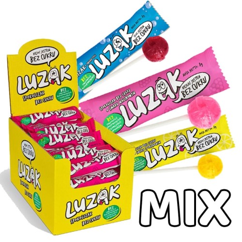 5905279294714 Luzak lizaki bez cukru mix smaków (cytryna, cola, malina), 42szt x 8g