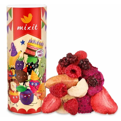 8595685214573 Liofilizowane "Duże chrupiące owoce urodzinowe - truskawka, malina, śliwka, banan, jeżyna, smoczy owoc" Mixit, 140g
