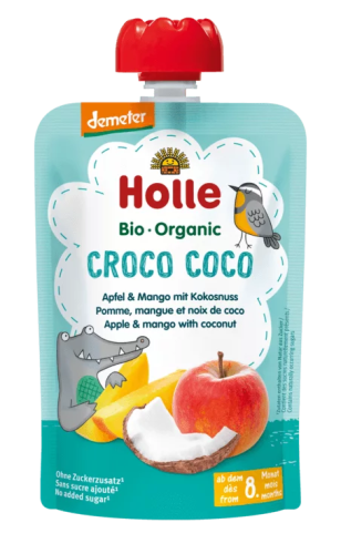 7640161877023 MUS W TUBCE KOKOSOWY KROKODYL (JABŁKO - MANGO - KOKOS) BEZ DODATKU CUKRÓW OD 8 MIESIĄCA DEMETER BIO 100 g - HOLLE