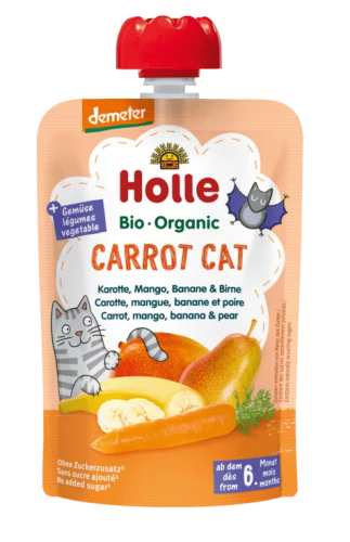 7640161877337 MUS W TUBCE MARCHEWKOWY KOT (MARCHEW - MANGO - BANAN - GRUSZKA) BEZ DODATKU CUKRÓW OD 6 MIESIĄCA DEMETER BIO 100 g - HOLLE