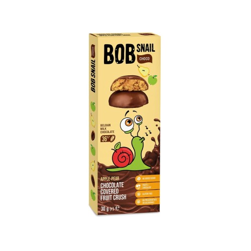 4820219341611 PRZEKĄSKA JABŁKO - GRUSZKA W MLECZNEJ CZEKOLADZIE BELGIJSKIEJ BEZ DODATKU CUKRU BEZGLUTENOWA 30 g - BOB SNAIL
