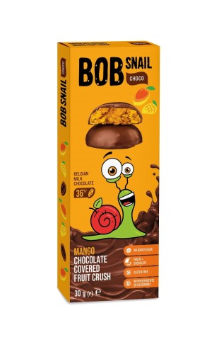 4820219341314 PRZEKĄSKA MANGO W MLECZNEJ CZEKOLADZIE BELGIJSKIEJ BEZ DODATKU CUKRU BEZGLUTENOWA 30 g - BOB SNAIL