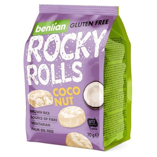 8606018700653 Wafle ryżowe w polewach Rocky rolls white - coconut Benlian, 70g