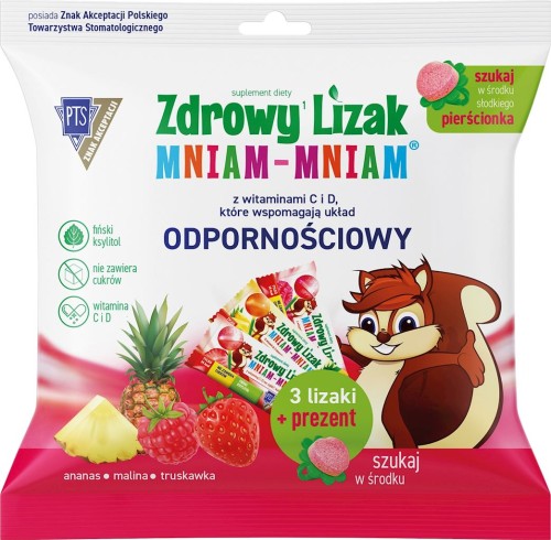 5902989931342 ZDROWY LIZAK MINIAM-MNIAM Z WITAMINĄ C I D NA ODPORNOŚĆ BEZ CUKRU (3 LIZAKI + PREZENT) 23 g - STARPHARMA