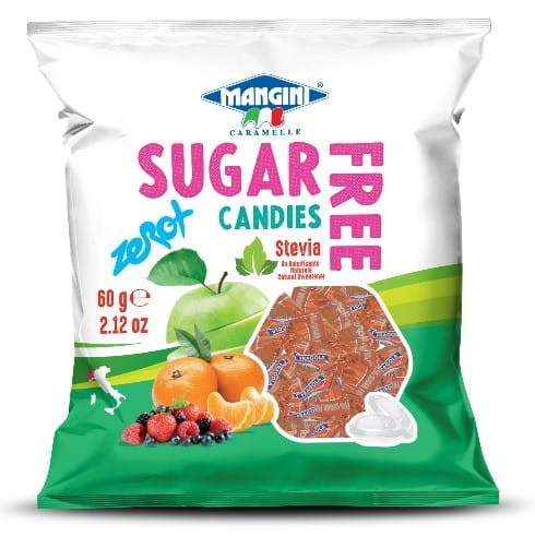 8004203124862 Cukierki o smaku truskawkowym ze stewią bez cukru 60 g MANGINI