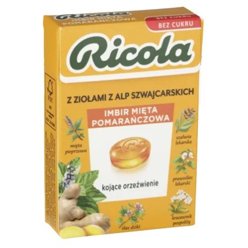 7610700014523 Cukierki ziołowe imbir, mięta, pomarańcza RICOLA, 27,5g
