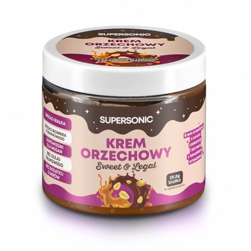 5905644489158 KREM ORZECHOWY O SMAKU CZEKOLADY I KARMELU Z KAWAŁKAMI ORZESZKÓW 160 g - SUPERSONIC