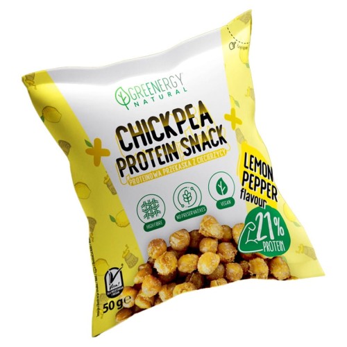 5903864780154 Chipsy proteinowe z ciecierzycy - smak cytryna&pieprz Greenergy, 50g