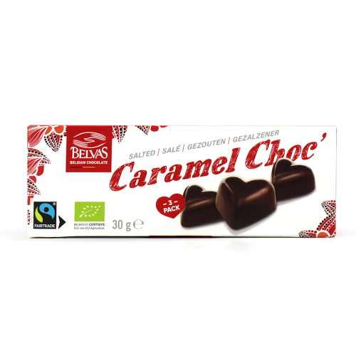 5425007885781 CZEKOLADKI BELGIJSKIE SERCA Z NADZIENIEM SŁONY KARMEL FAIR TRADE BEZGLUTENOWE BIO 30  g - BELVAS