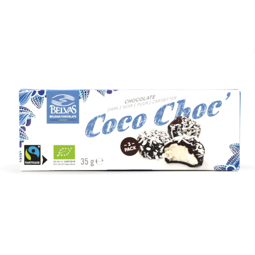 5425007885743 CZEKOLADKI BELGIJSKIE Z NADZIENIEM KOKOSOWYM FAIR TRADE BEZGLUTENOWE BIO 35 g - BELVAS