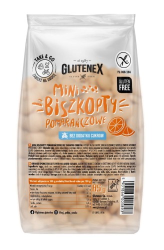5901866005893 MINI BISZKOPTY POMARAŃCZOWE BEZ DODATKU CUKRÓW BEZGLUTENOWE 85 g - GLUTENEX