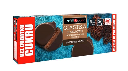 5903111903855 CIASTKA KAKAOWE Z KREMEM O SMAKU BROWNIE W CZEKOLADZIE DESEROWEJ BEZ DODATKU CUKRU 128 g - PURE&GOOD