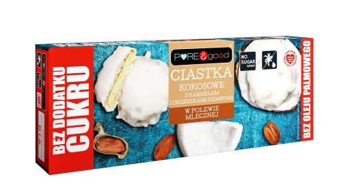 5903111903800 CIASTKA KOKOSOWE Z KARMELEM I ORZESZKAMI ZIEMNYMI W POLEWIE MLECZNEJ BEZ DODATKU CUKRU 128 g - PURE&GOOD