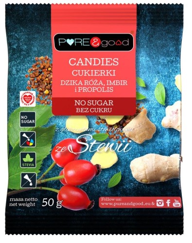 5903111903763 CUKIERKI Z DZIKĄ RÓŻĄ, IMBIREM I PROPOLISEM ZE STEWIĄ BEZ CUKRU 50 g - PURE&GOOD