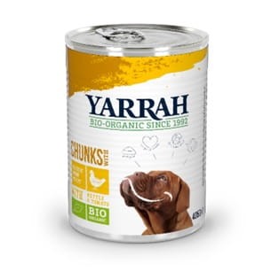 8714265071768 (DLA PSA DOROSŁEGO) KAWAŁKI KURCZAKA Z POMIDOREM I POKRZYWĄ BIO 405 g - YARRAH