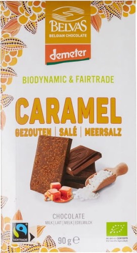 5425007885675 CZEKOLADA MLECZNA ZE SŁONYM KARMELEM FAIR TRADE DEMETER BIO 90 g - BELVAS