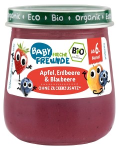 MUS JABŁKO - TRUSKAWKA - JAGODA BEZ DODATKU CUKRÓW BG OD 6 MIESIĄCA BIO 120 g - FRECHE FREUNDE