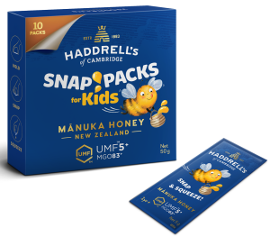 'MIÓD MANUKA KIDS MGO 83+ UMF 5+ 10 SASZETEK - HADDRELL''S OF CAMBRIDGE'
